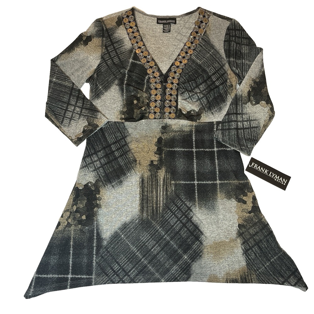 NWT $129 Frank Lyman Top Sz 12 Black Grey Embellished Embroidered Designer Tunic
